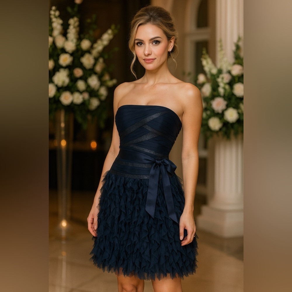 TADASHI SHOJI Women’s 6 Blue Silk Strapless Belted Tiered Short BANDEAU FORMAL